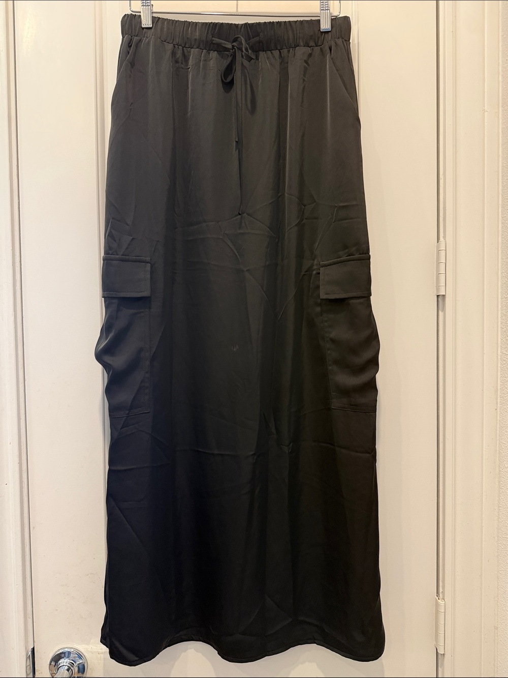 Black Cargo Pocket Maxi Skirt with Elastic Drawstring Waist